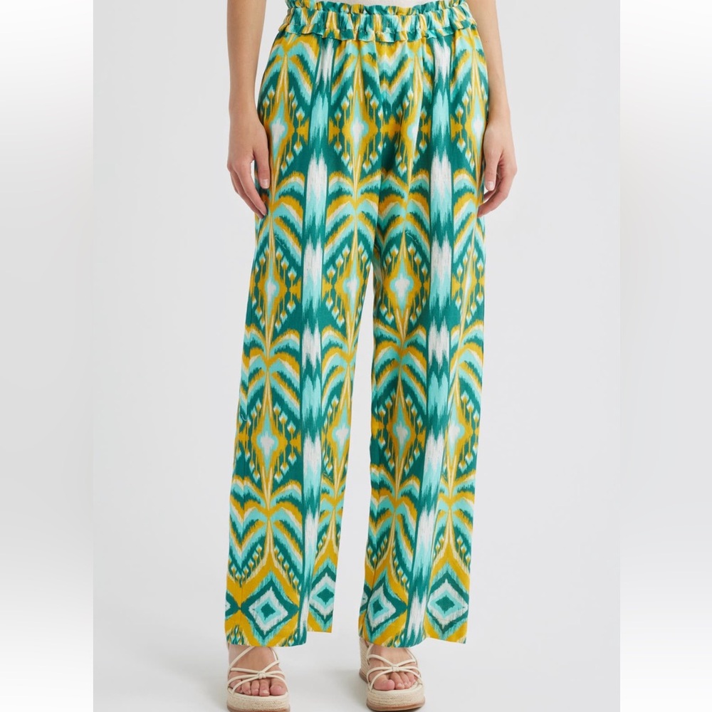 NEW FARM Rio Tropical Tapestry Wide Leg Linen Blend Pants in Off-White